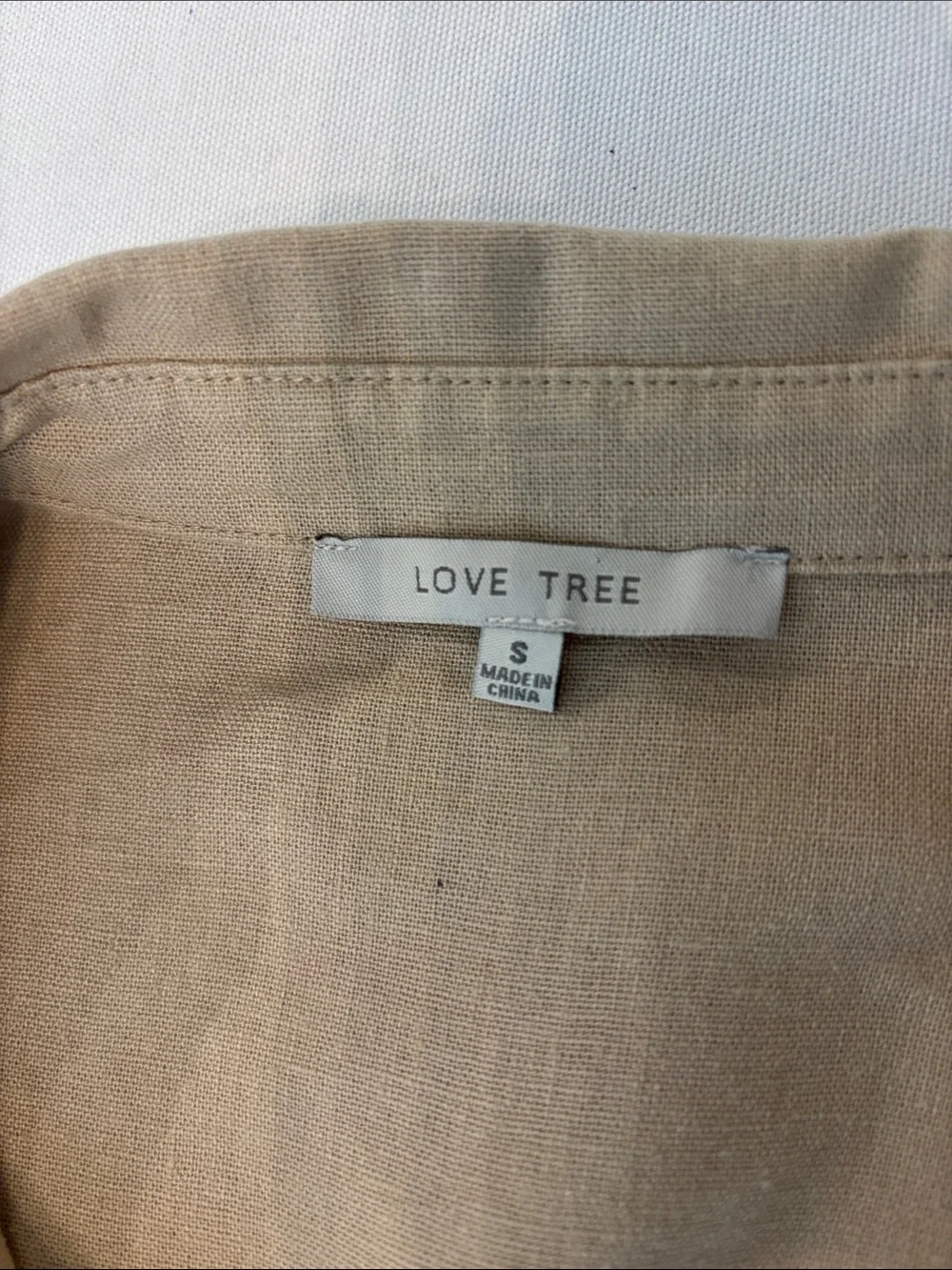 Love Tree Beige Short-Sleeve Collared Linen Blend Button Up Dress with Belt. S